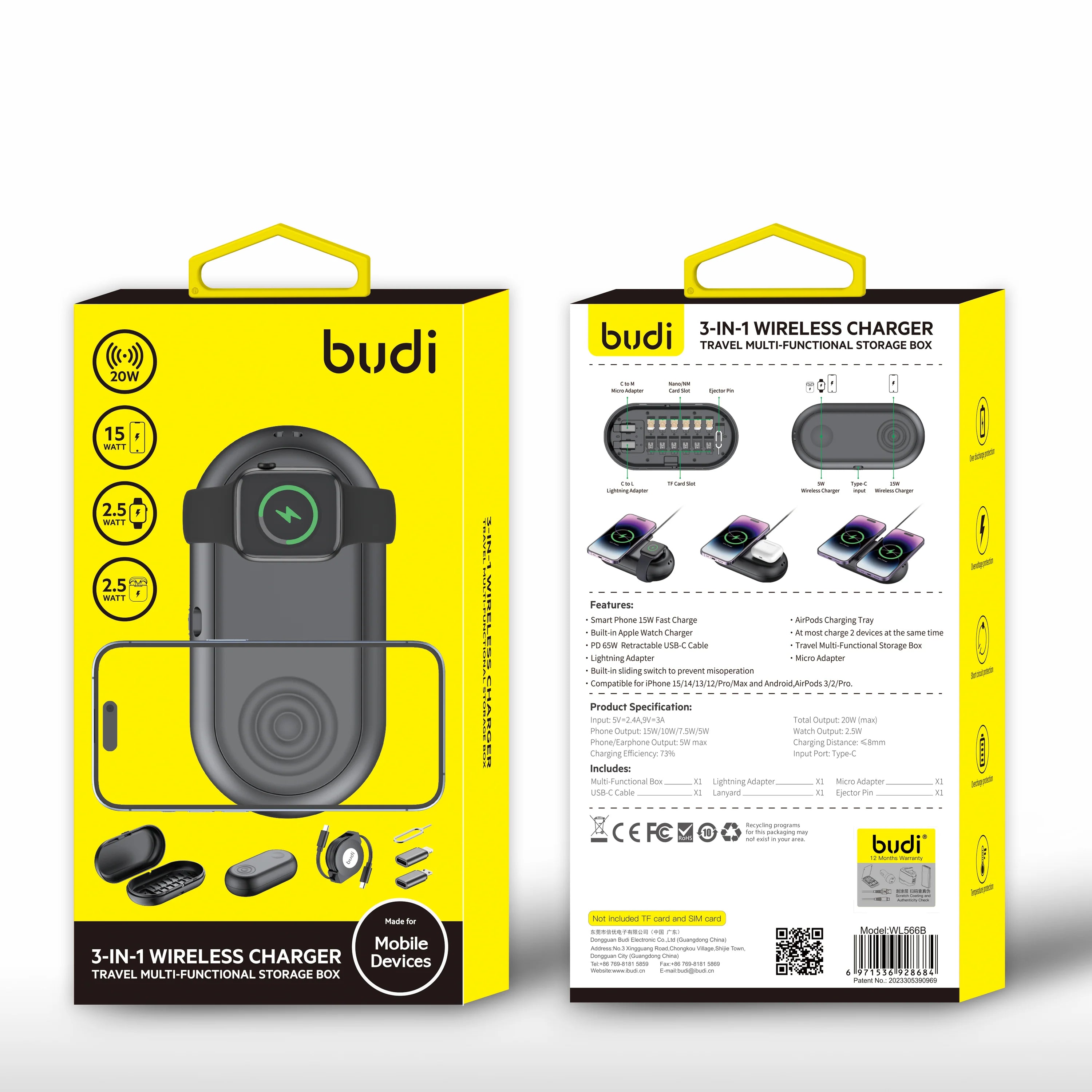 Budi 3-IN-1 Wireless Charger (Travel Multi Functional Storage Box)
